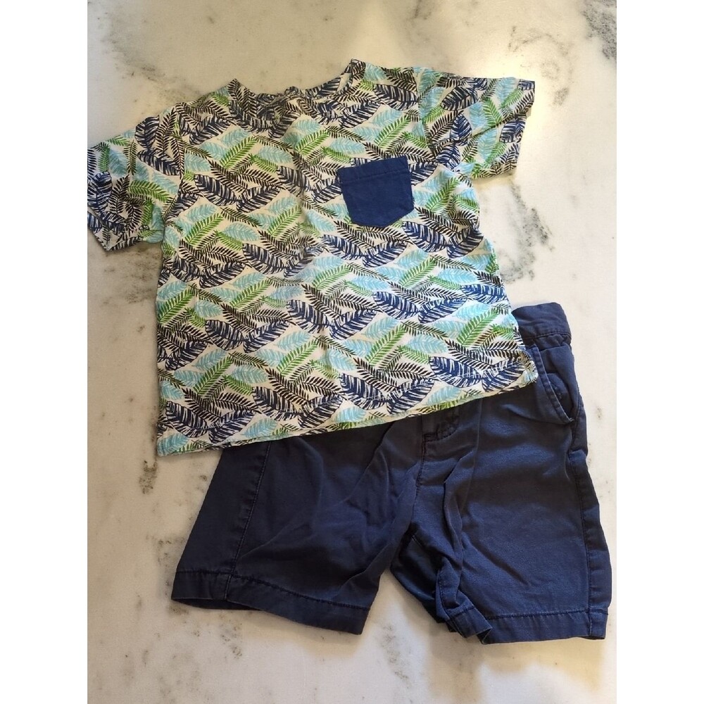 Peek Boys Tropical Leaf Outfit Set Sz 4-5 Navy Shorts EUC